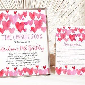 Cápsula del tiempo de cumpleaños editable para niña con corazones rojos y rosados para San Valentín, invitación para fiesta de San Valentín para niña, descarga A689