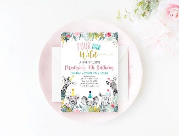 Editable Four Ever Wild Invitation Safari 4th Birthday Pink Gold Safari Animals Girl Safari Party Jungle Zoo Printable Digital A557 Il_570xn