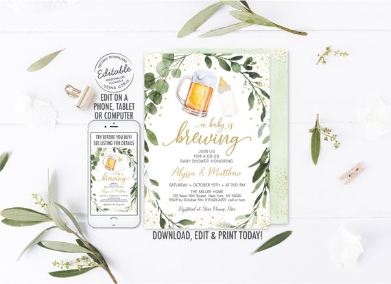 EDITABLE Baby Is Brewing Invitation Beer Baby Shower Invitation Greenery Gender Neutral Coed Baby Shower Printable Digital Corjl A526 Il_570xn