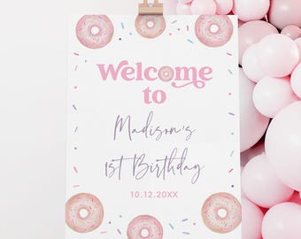 Editable Pink Donut Birthday Welcome Sign, Pastel Girl Donut Party, Digital Download Template A787