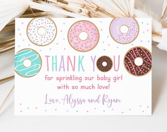 Editable Donut Baby Sprinkle Thank You Card, Pink Donut, Donuts & Diapers, Baby Girl Sprinkle, Printable, Digital, Instant Download A500