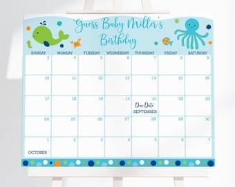 Editable Under The Sea Baby Shower Due Date Calendar Game Nautical Whale Baby Shower Boy Baby Shower Guess Baby's Birthday Printable A229