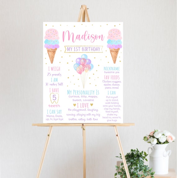 Editable Ice Cream Birthday Milestone Sign Ice Cream First Birthday Pink Gold Rainbow Balloon Girl Ice Cream Party Digital Download A611 Il_570xn