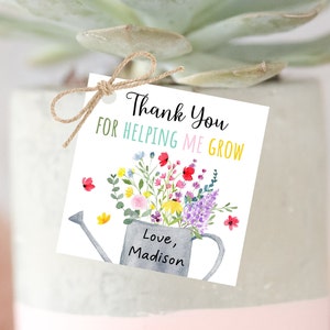 Étiquette d'appréciation modifiable pour les enseignants Merci de m'avoir aidé à grandir arrosoir Étiquette florale Cactus succulente Étiquette de remerciement à télécharger