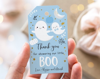 Editable Ghost Baby Shower Thank You Tag Favor Tag Little Boo Baby Shower Blue Boy Ghost Pumpkin Halloween Baby Shower Digital A637