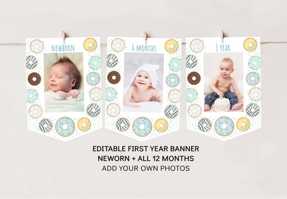 Donut First Birthday Banner Monthly Photo Banner Donut Party Blue Donut Boy First Birthday Donut Banner Editable Printable Digital A501 Il_570xn
