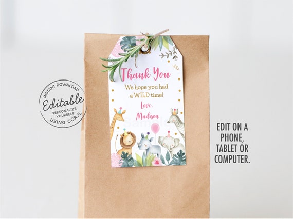 EDITABLE Safari Birthday Thank You Tags, Favor Tags, Pink Safari, Wild One Safari Birthday, Zoo Safari Animals, Girl Safari, Printable A517 Il_570xn