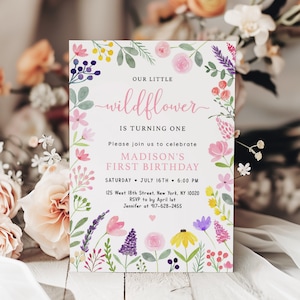 Editable Wildflower Birthday Invitation Little Wildflower Birthday Flower Birthday Pink Floral Garden Party Digital Download A672
