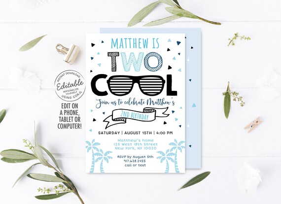 EDITABLE Two Cool Birthday Invitation Two Cool Party Sunglasses Palm Trees Summer Boys Second Birthday Printable Instant Download A538 Il_570xn