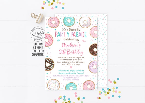 EDITABLE Donut Drive By Birthday Parade Invitation Quarantine Party Girl Donut Birthday Social Distancing Party Instant Download A500 Il_570xn