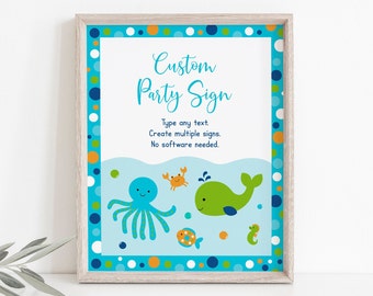 Editable Blue Under The Sea Party Sign Under The Sea Baby Shower Nautical Whale Sea Creature Baby Boy Printable Digital Download A229