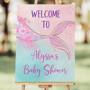 Editable Mermaid Baby Shower Welcome Sign Pink Gold Mermaid Tail Girl Baby Shower Printable Digital Download A627