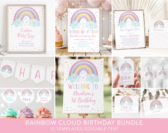 Editable Rainbow Birthday Invitation Bundle Girls Rainbow Party Pink Pastel Rainbow Clouds Rainbow Of Fun Printable Digital Download A549
