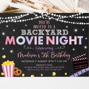 Editable Backyard Movie Night Birthday Invitation Movie Under the Stars Girls Outdoor Backyard Movie Party Popcorn Digital Download A555 image 1