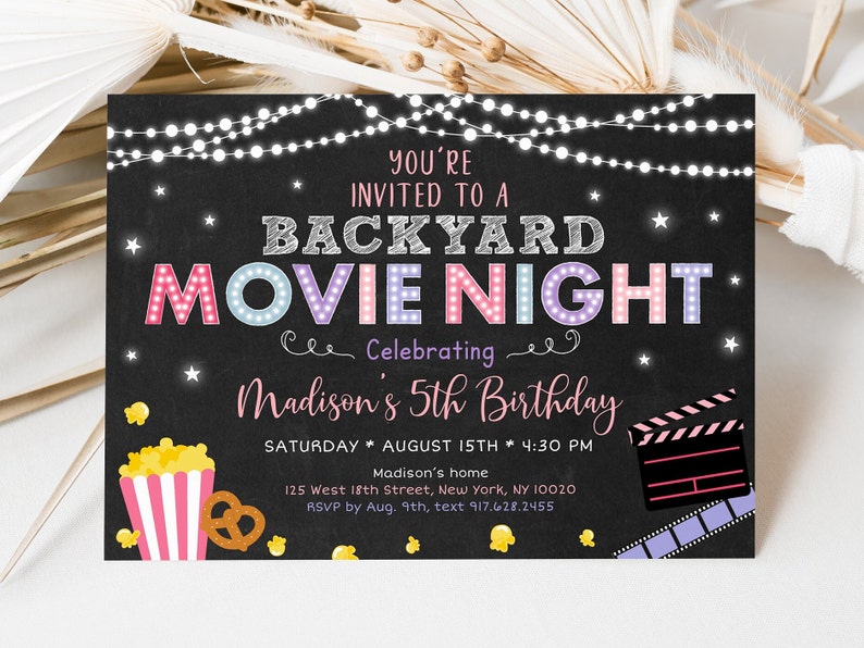 Editable Backyard Movie Night Birthday Invitation Movie Under the Stars Girls Outdoor Backyard Movie Party Popcorn Digital Download A555 image 1