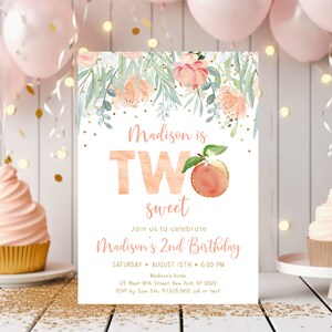 Editable Peach Birthday Invitation Two Sweet Peach Second Birthday Invite Peach Gold Floral Girl 2nd Birthday Printable Digital A608