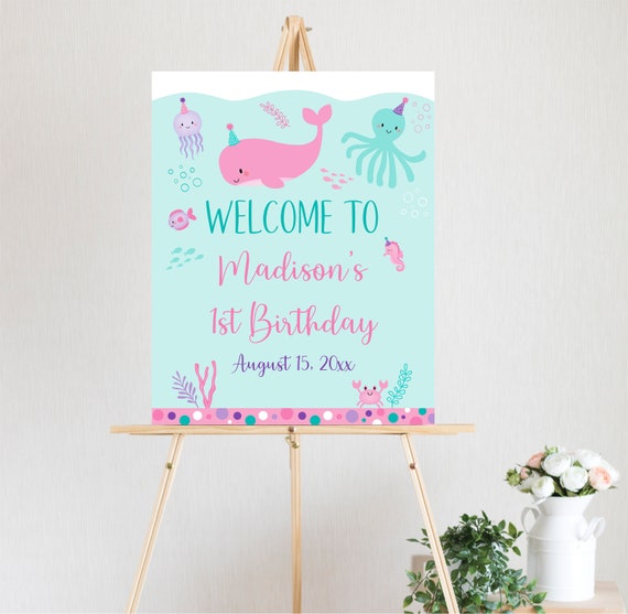 Editable Pink Under The Sea Birthday Welcome Sign Nautical Whale Girl Under The Sea Party Pink Purple Teal Printable Digital Download A617 Il_570xn