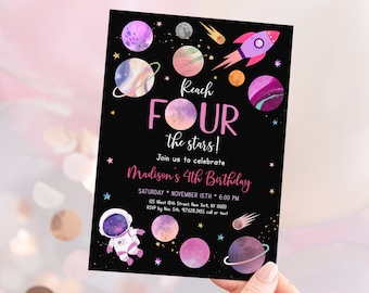 Editable Pink Space Birthday Invitation Reach FOUR The Stars Birthday Invite Girl Astronaut Galaxy Planets Outer Space Party Digital A654