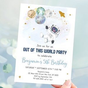 Editable Space Birthday Invitation Out Of This World Invite Astronaut Blue Gold Galaxy Planets Rocket Ship Outer Space Party Digital A606