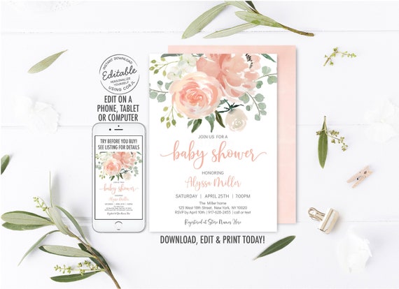 EDITABLE Peach Floral Baby Shower Invitation Dusty Peach Floral Greenery Girl Baby Shower Digital Printable Instant Download Corjl A489 Il_570xn