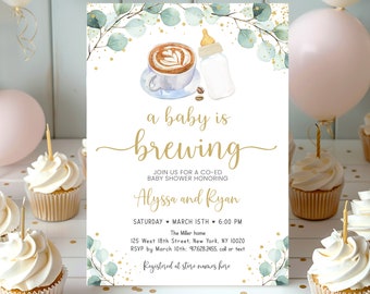 Editable Baby Is Brewing Invitation Coffee Baby Shower Invitation Greenery Gender Neutral Coed Baby Shower Printable Digital Corjl A601