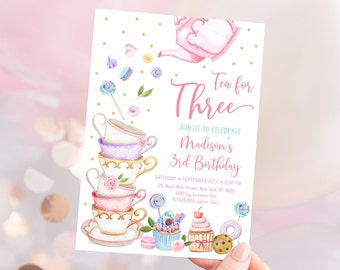 Editable Tea Party Third Birthday Invite Tea for Three Birthday Invitation Pink Gold Floral Tea Party Cake Cupcake Cookie Download A651