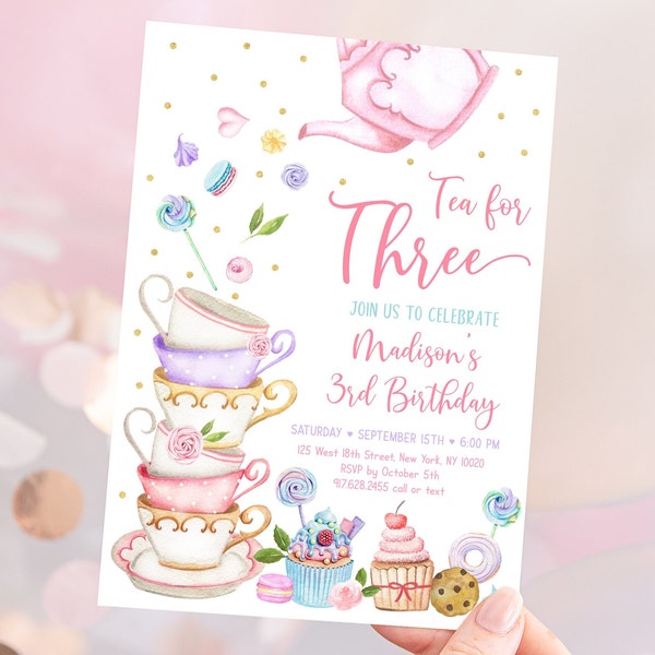 Editable Tea Party Third Birthday Invite Tea for Three Birthday Invitation Pink Gold Floral Tea Party Cake Cupcake Cookie Download A651
