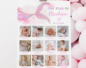 Letrero de cumpleaños de sirena para el primer año, collage mensual de fotos de bebé, rosa bajo el mar, editable A627