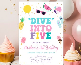 Editable Pool Party 5th Birthday Invitation, Dive into Five, Girl Pool Party Birthday Invite, Pink Gold, Pool Party Bash, Download A533