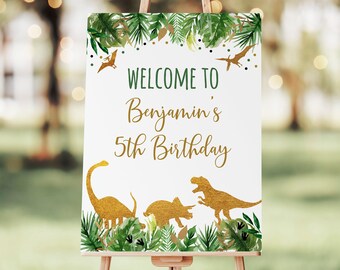 Editable Dinosaur Birthday Welcome Sign, Gold Dinosaur, Dinosaur Safari, Dinosaur Dig Party, T- Rex Birthday, Printable, Digital Corjl A498