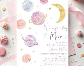 Over the Moon Baby Shower Invitation Pastel Pink Gold Girl Space Baby Shower Planets Galaxy Girl Baby Shower Editable Digital Download A726