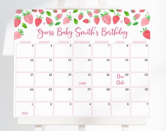 Editable Fresa Bebé Fecha de Vencimiento Calendario Juego Fresa Baby Shower Acuarela Fresas Adivina Cumpleaños del Bebé Digital A667