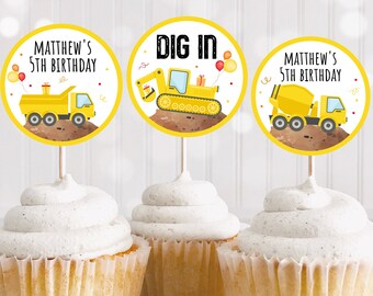 Editable Construction Cupcake Toppers Construction Birthday Construction Truck Digger Dump Truck Boy Truck Party Digital Download A605