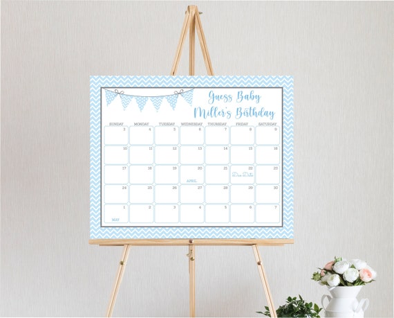 Editable Blue & Gray Chevron Baby Shower Due Date Calendar Game Boy Baby Shower Baby Blue Guess Baby's Birthday Instant Download A218 Il_570xn