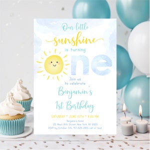 Editable Sunshine First Birthday Invitation Boy Sunshine Party Little Sunshine Clouds Birthday Invite Blue Yellow Digital Download A600