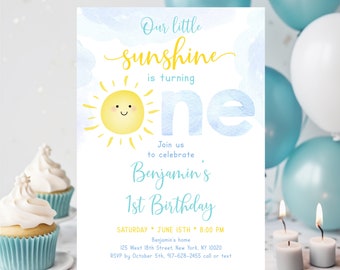 Editable Sunshine First Birthday Invitation Boy Sunshine Party Little Sunshine Clouds Birthday Invite Blue Yellow Digital Download A600