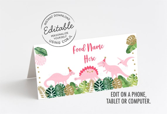 Pink Dinosaur Birthday Tent Cards, Food Label, Girl Dinosaur Birthday, Pink & Gold Dinosaur, Dinosaur Safari, EDITABLE Instant Download A507 Il_570xn