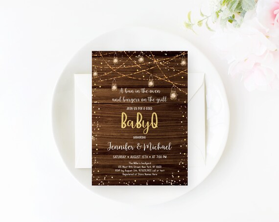 Editable BBQ Baby Shower Invitation Babyq Shower Invitation Barbecue Rustic Wood String Lights Mason Jar Co-ed Gender Neutral Digital A623 Il_570xn