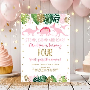Pink Dinosaur Birthday Invitation, Pink & Gold Dinosaur Fourth Birthday Invite, Dinosaur Safari, Girl Dinosaur, Editable Digital A507