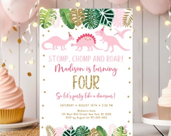 Pink Dinosaur Birthday Invitation, Pink & Gold Dinosaur Fourth Birthday Invite, Dinosaur Safari, Girl Dinosaur, Editable Digital A507
