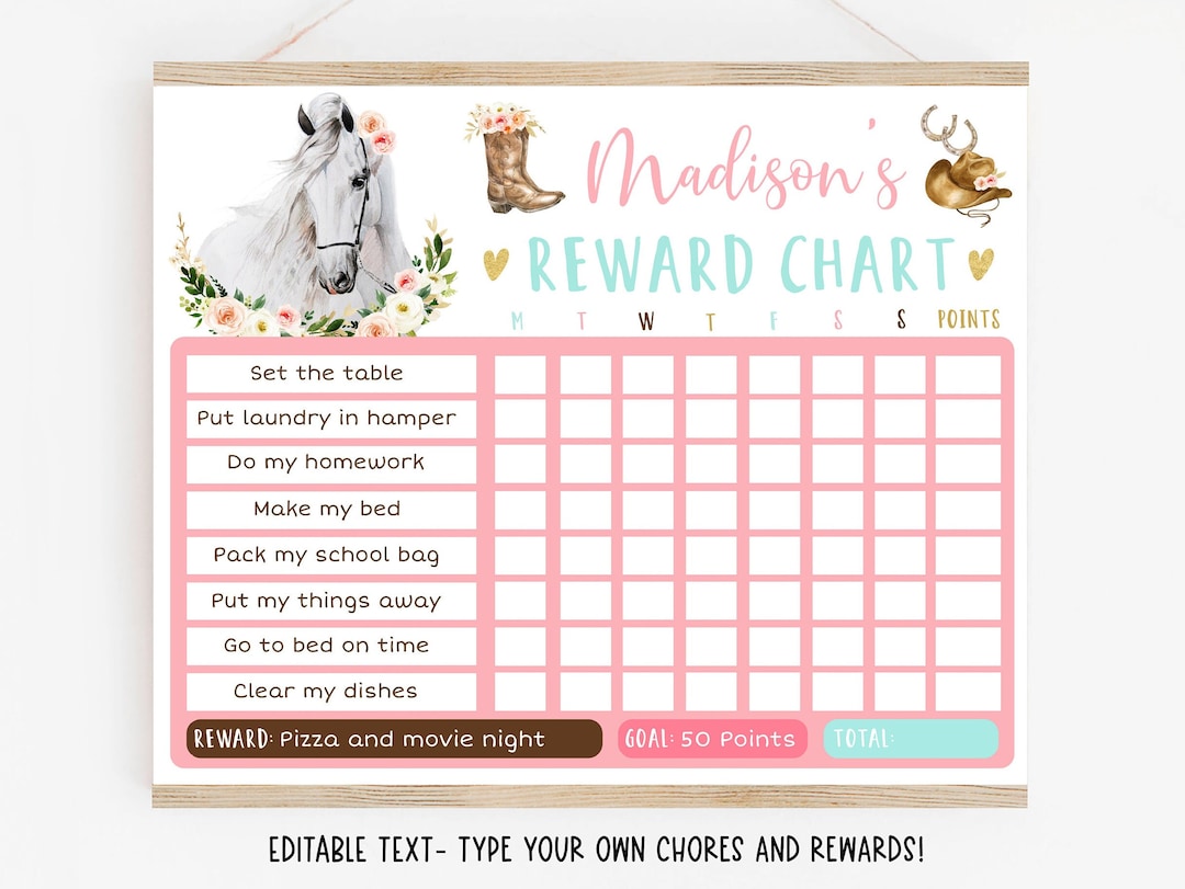Editable Horse Reward Chart, Horse Behavior Chart, Cowgirl, Pony, Pink Floral, Daily Chore Chart ...