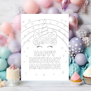 Unicorn Birthday Coloring Page, Birthday Activity, Kids Coloring page, Unicorn Rainbow Party Printable Editable Digital Download A582