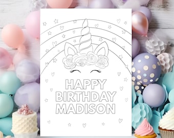 Unicorn Birthday Coloring Page, Birthday Activity, Kids Coloring page, Unicorn Rainbow Party Printable Editable Digital Download A582