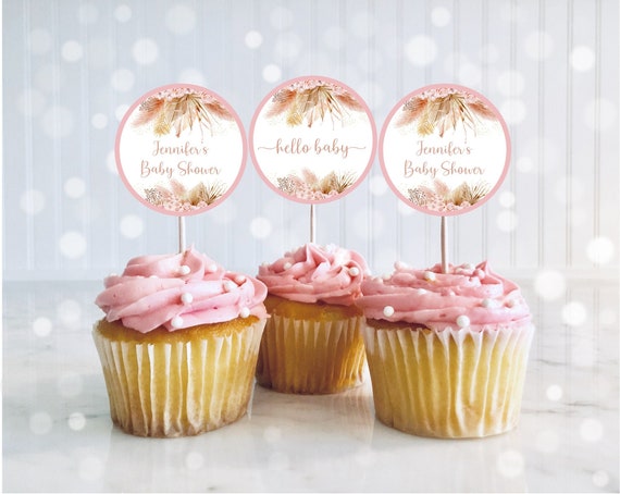 Editable Pampas Grass Cupcake Toppers Bohemian Baby Shower Tropical Desert Floral Boho Pink Floral Printable Digital Download A625 Il_570xn