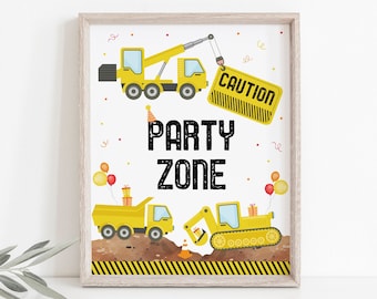 Precaución Zona de fiesta Construcción Letrero de cumpleaños Camión de construcción Excavadora Camión volquete Niño Fiesta de construcción Descarga digital imprimible A605