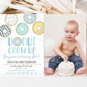 Editable Donut Grow Up Birthday Invitation Blue Donut Boy First Birthday Donut Party Doughnut Sprinkles Printable Digital Download A501
