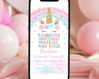 Editable Unicorn Rainbow Birthday E-Invitation Unicorns Rainbows Sparkles and Gold Invite Pastel Floral Unicorn Party Digital Download A582