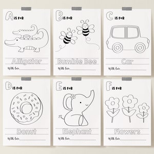 May include: Black and white printable alphabet flashcards for kids. Each card features a letter, an illustration, and the word for the illustration. The letters are A through F. The illustrations are an alligator, a bumble bee, a car, a donut, an elephant, and flowers.