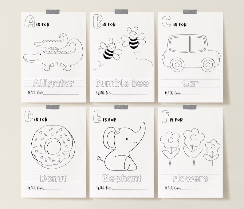 May include: Black and white printable alphabet flashcards for kids. Each card features a letter, an illustration, and the word for the illustration. The letters are A through F. The illustrations are an alligator, a bumble bee, a car, a donut, an elephant, and flowers.