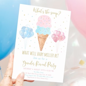 Editable What&#39;s The Scoop Ice Cream Gender Reveal Invitation Gender Reveal Ice Cream Party Pink Gold Balloons Printable Digital A611